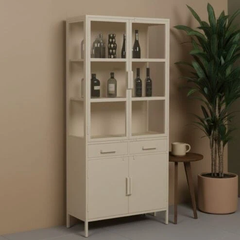 Figue vitrinekast industrieel taupe zijkant glas 90cm