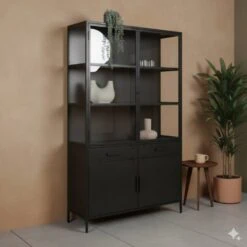 Figue vitrinekast industrieel zwart zijkant glas 120cm