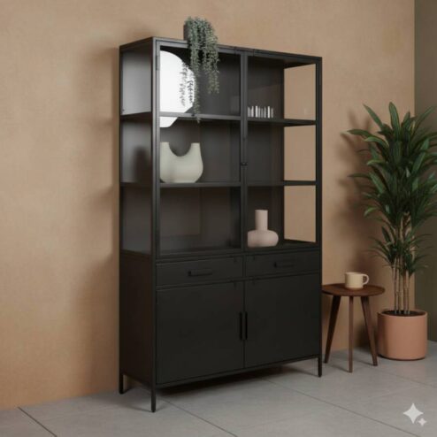 Figue vitrinekast industrieel zwart zijkant glas 120cm