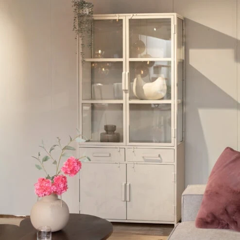 Figue vitrinekast industrieel taupe zijkant glas 90cm