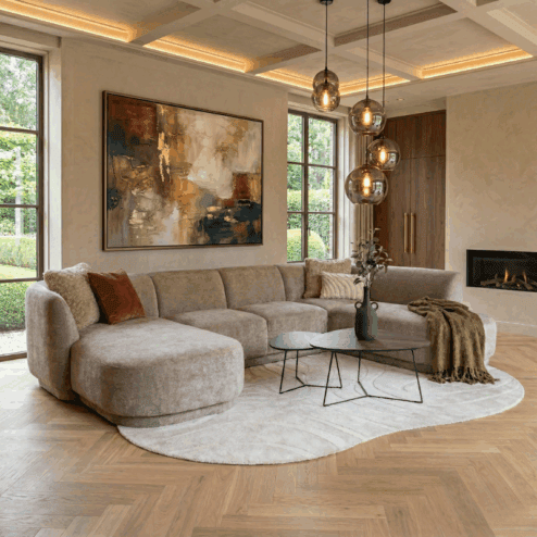 Bank Ziva (Divan rond links+2-zits zonder armen+Longchair rond rechts)