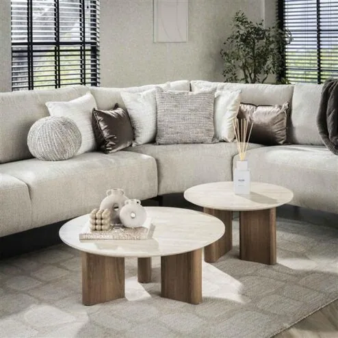 Strato Salontafel set van 2 rond smalle poten Keramiek travertin