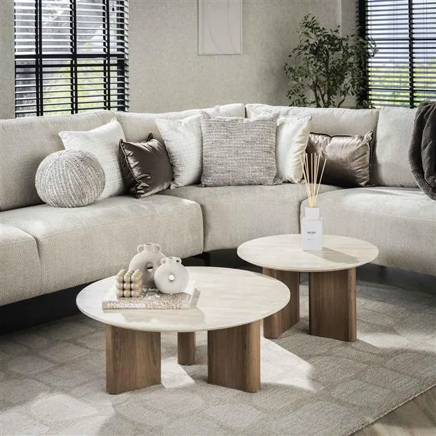 Strato Salontafel set van 2 rond smalle poten Keramiek travertin