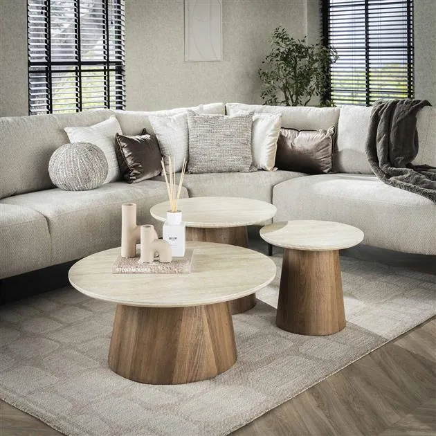 Strato Salontafel set van 3 rond blok poten Keramiek travertin