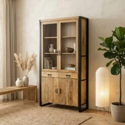 Britt vitrinekast industrieel mangohout hoog 115cmx200cm