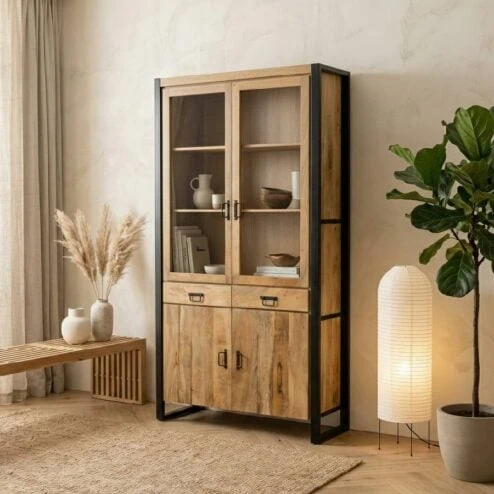 Britt vitrinekast industrieel mangohout hoog 115cmx200cm