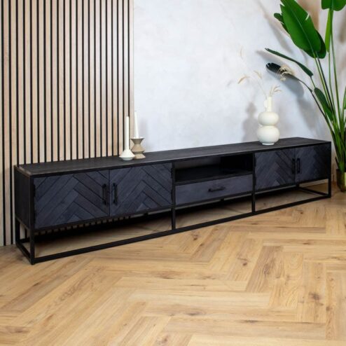 Scandi tv meubel industrieel mangohout visgraat zwart 240cm