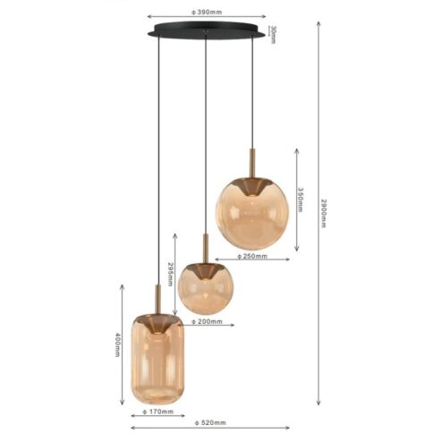 Liam 3-lichts getrapte Hanglamp Amber glas
