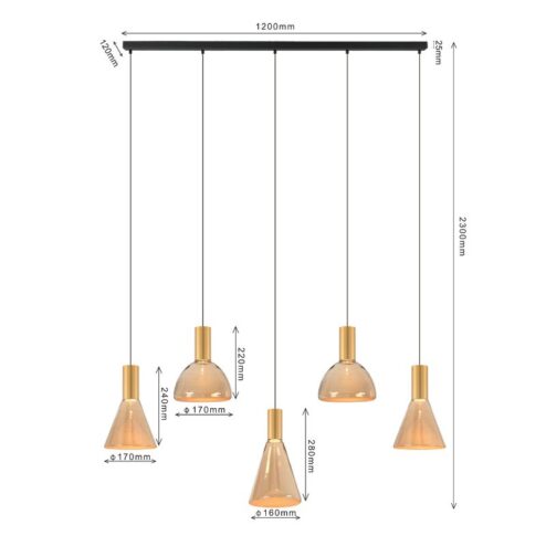 Marlo 5-lichts Hanglamp Amber glas