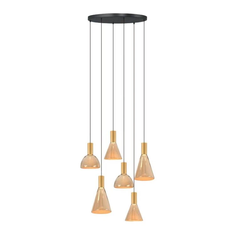 Marlo 6-lichts getrapte Hanglamp Amber glas