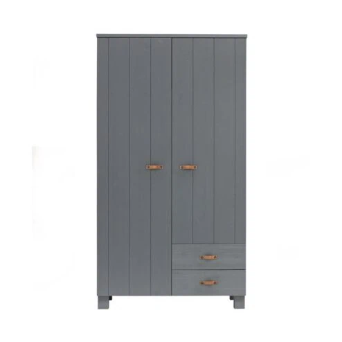 Dennis Kledingkast met laden grenen grijs met leren greep 111cm