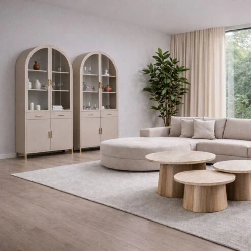 Raya Vitrinekast rond Beige metaal 120cm