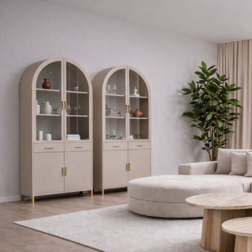 Raya Vitrinekast rond Beige metaal 120cm