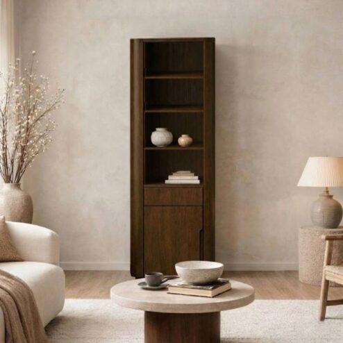 Smalle boekenkast 1 deur 1 lade Yama walnoot | 56cm