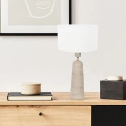 Alessia 1-lichts Tafellamp large Travertin met linnen kap